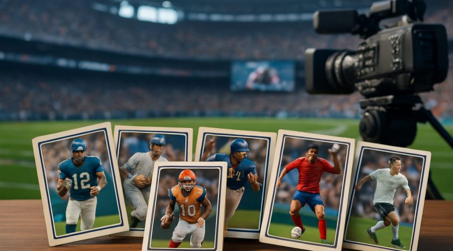 A collection of vintage sports cards displayed in front of a camera, set in a stadium environment.
